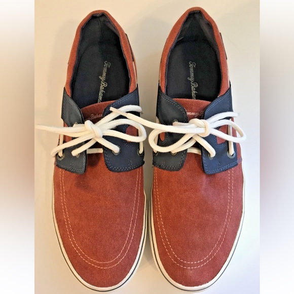 Tommy Bahama Stripes Asunder Mens Red Canvas Deck Boat Shoes Loafers.  Size 10 - Picture 1 of 11